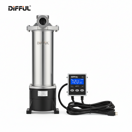 DIFFUL 72V DC Solar Submersible Water Pump – 80m Head, MPPT Controller Included
