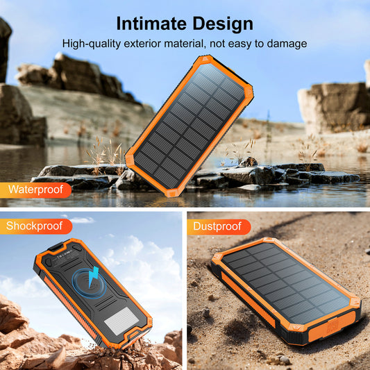 20,000mAh Heavy-Duty Waterproof Solar Power Bank with Wireless Fast Charging & Emergency LED Light