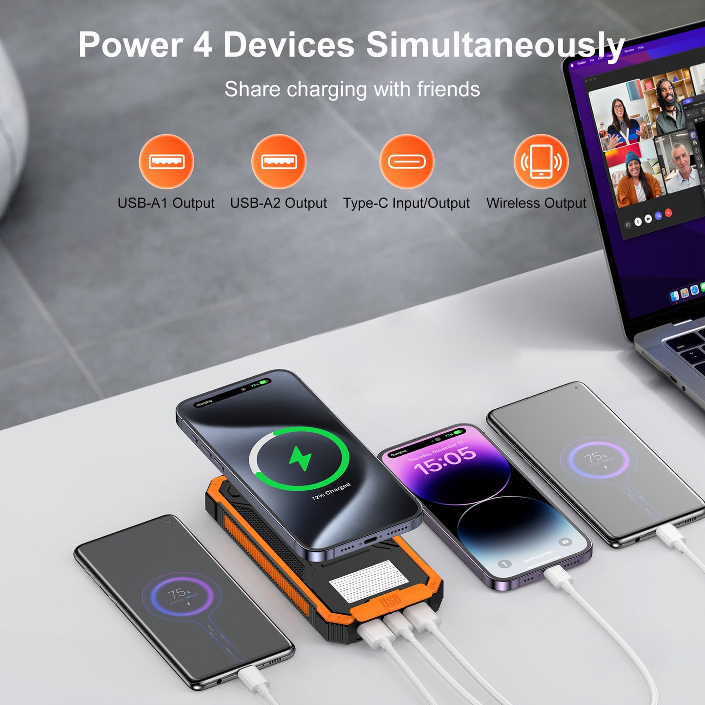 20,000mAh Heavy-Duty Waterproof Solar Power Bank with Wireless Fast Charging & Emergency LED Light