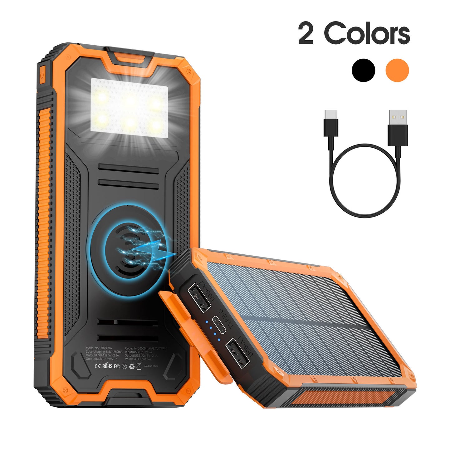 20,000mAh Heavy-Duty Waterproof Solar Power Bank with Wireless Fast Charging & Emergency LED Light