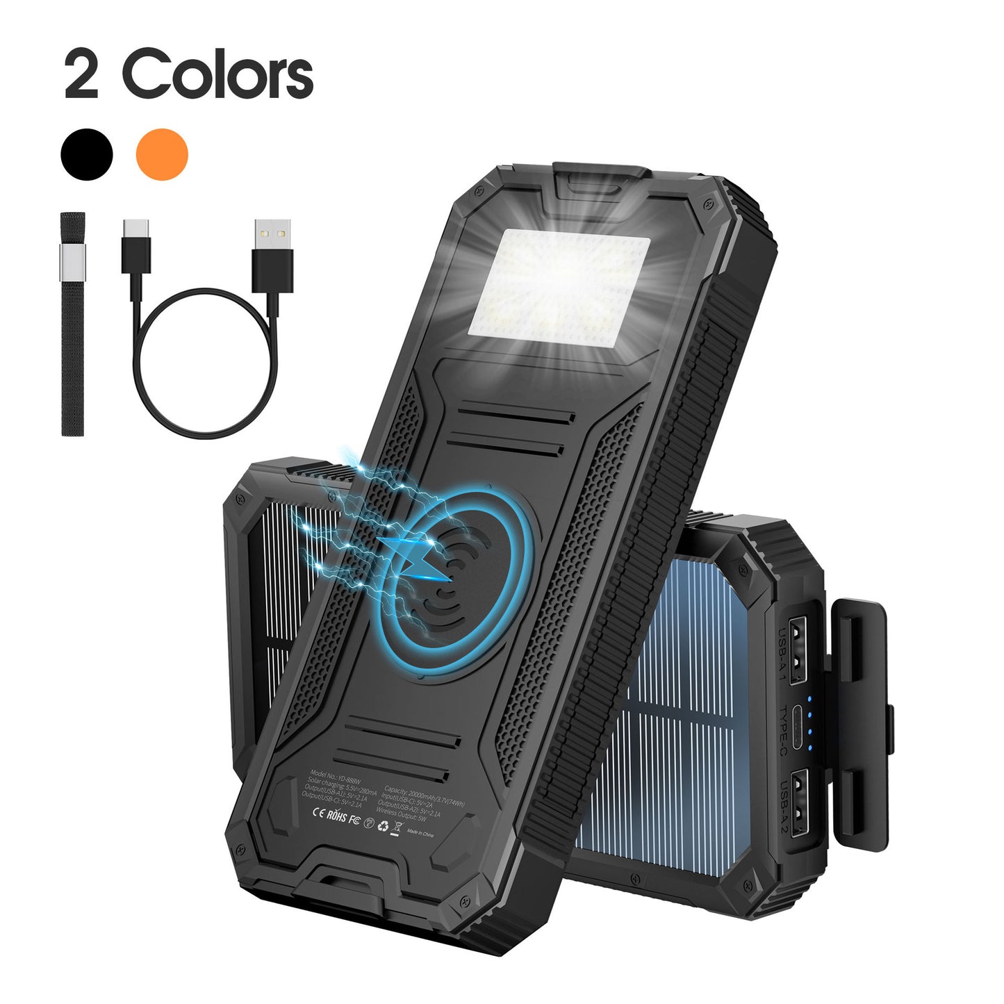 20,000mAh Heavy-Duty Waterproof Solar Power Bank with Wireless Fast Charging & Emergency LED Light