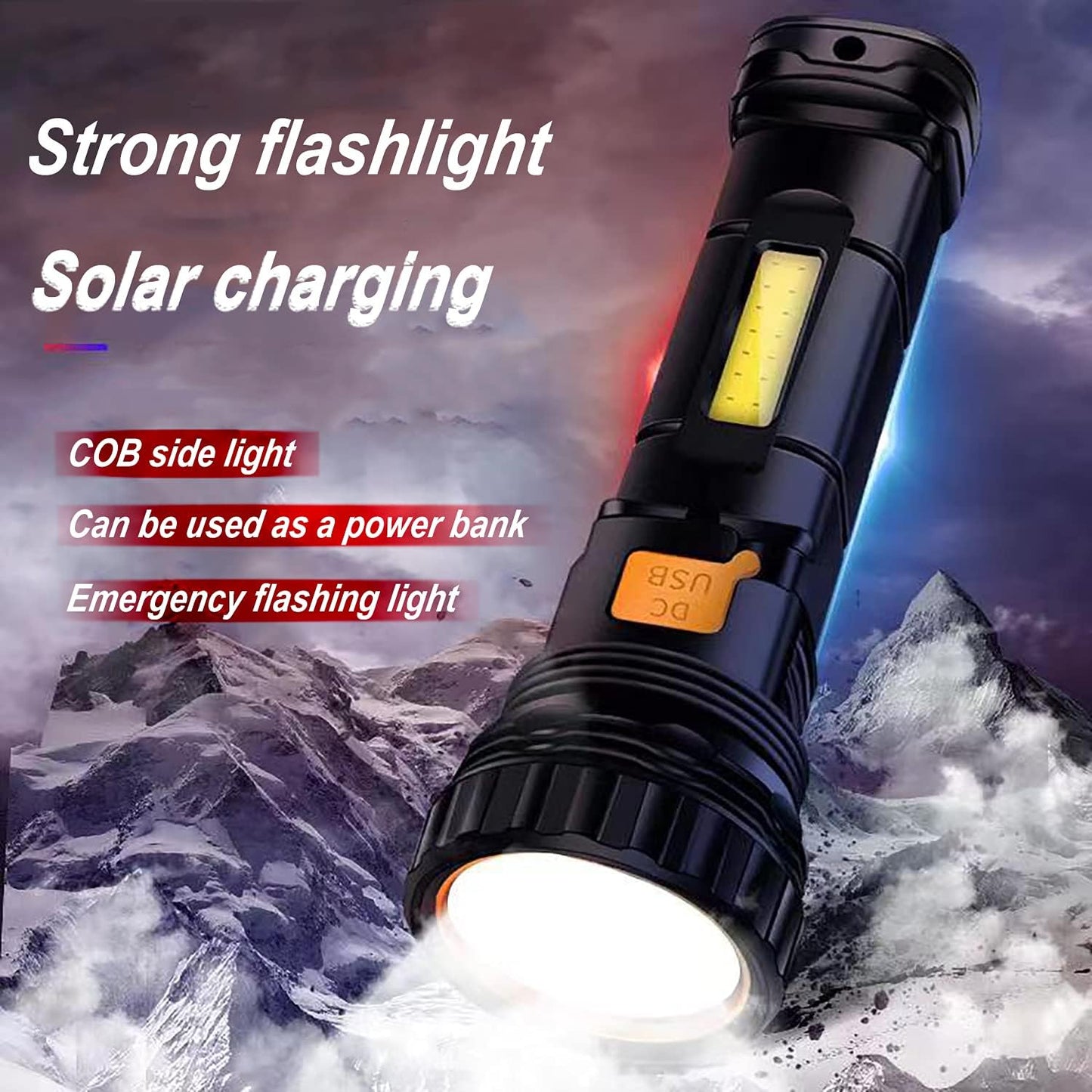 Ultra-Bright 1000 Lumen Solar & Rechargeable LED Flashlight with Power Bank & Emergency Strobe