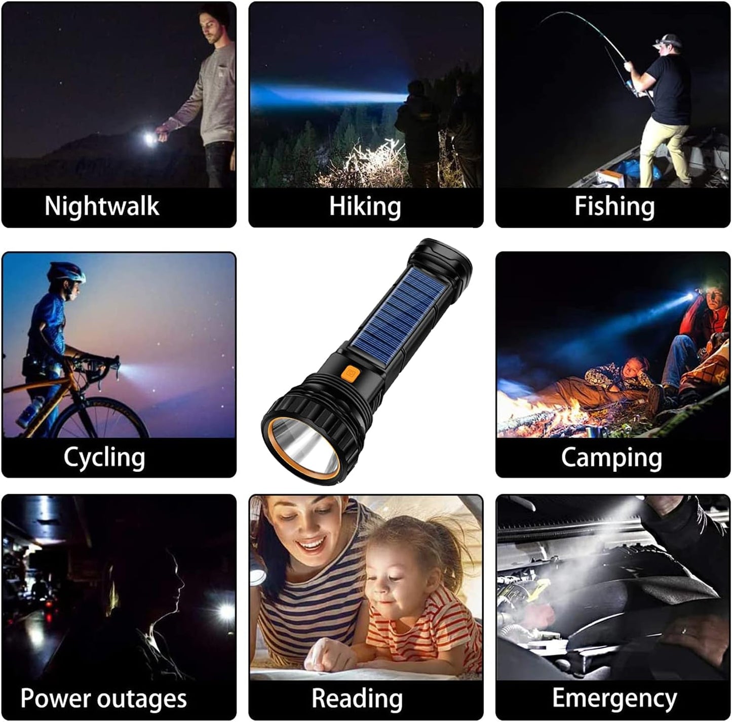 Ultra-Bright 1000 Lumen Solar & Rechargeable LED Flashlight with Power Bank & Emergency Strobe