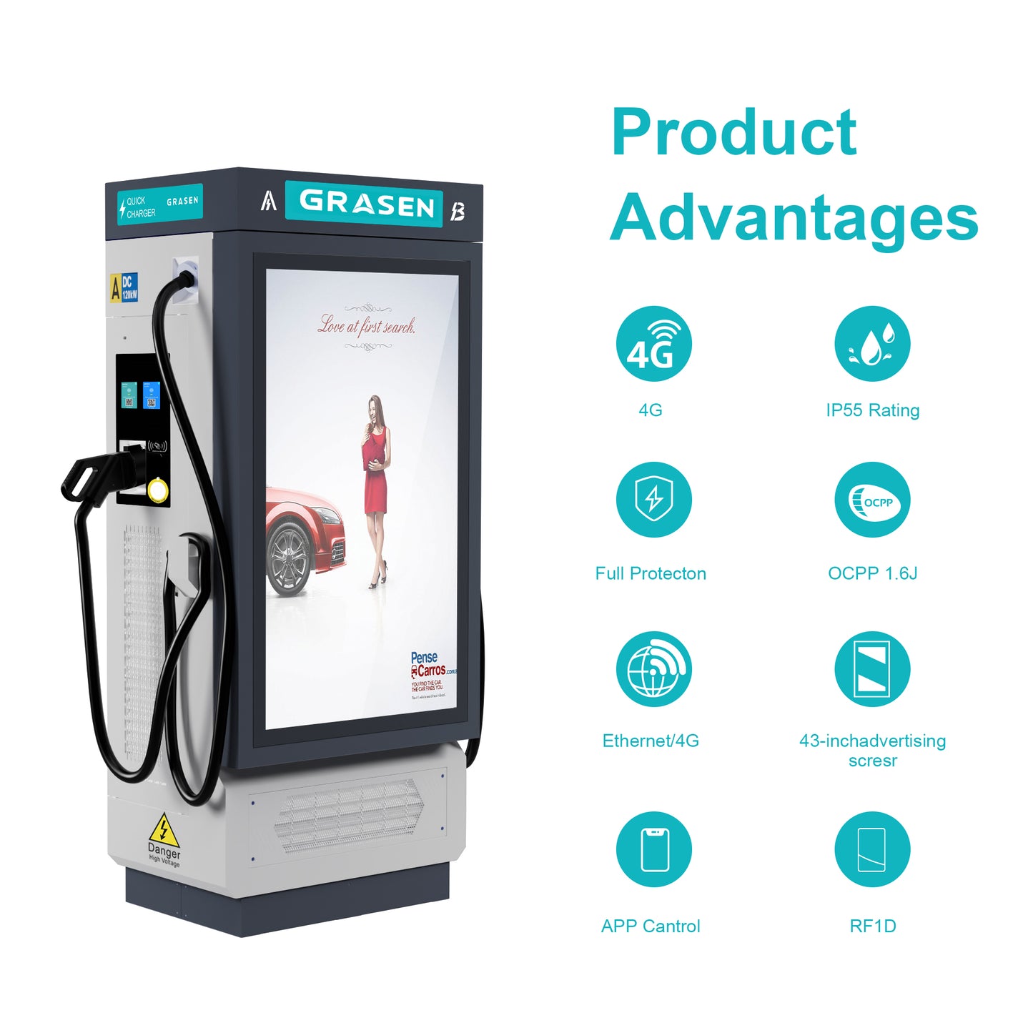 Commercial Dual-Gun DC Fast Charging Station (60kW−120kW) with 55" Digital Advertising Screen