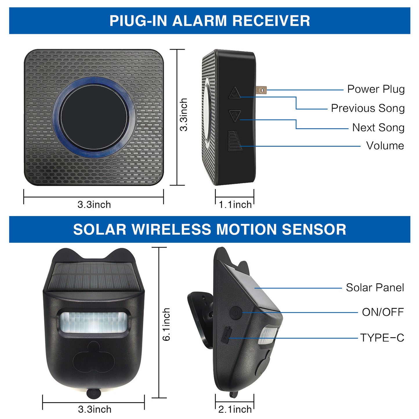 Solar-Powered Outdoor Wireless Driveway Alarm & Motion Sensor Doorbell Set