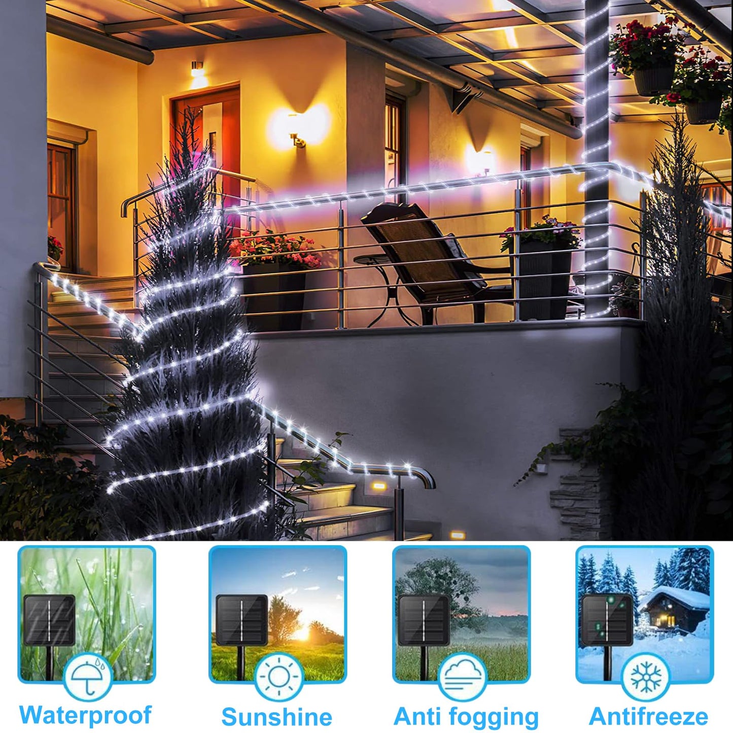 50ft 500 LED Solar Powered Outdoor Waterproof Rope Lights